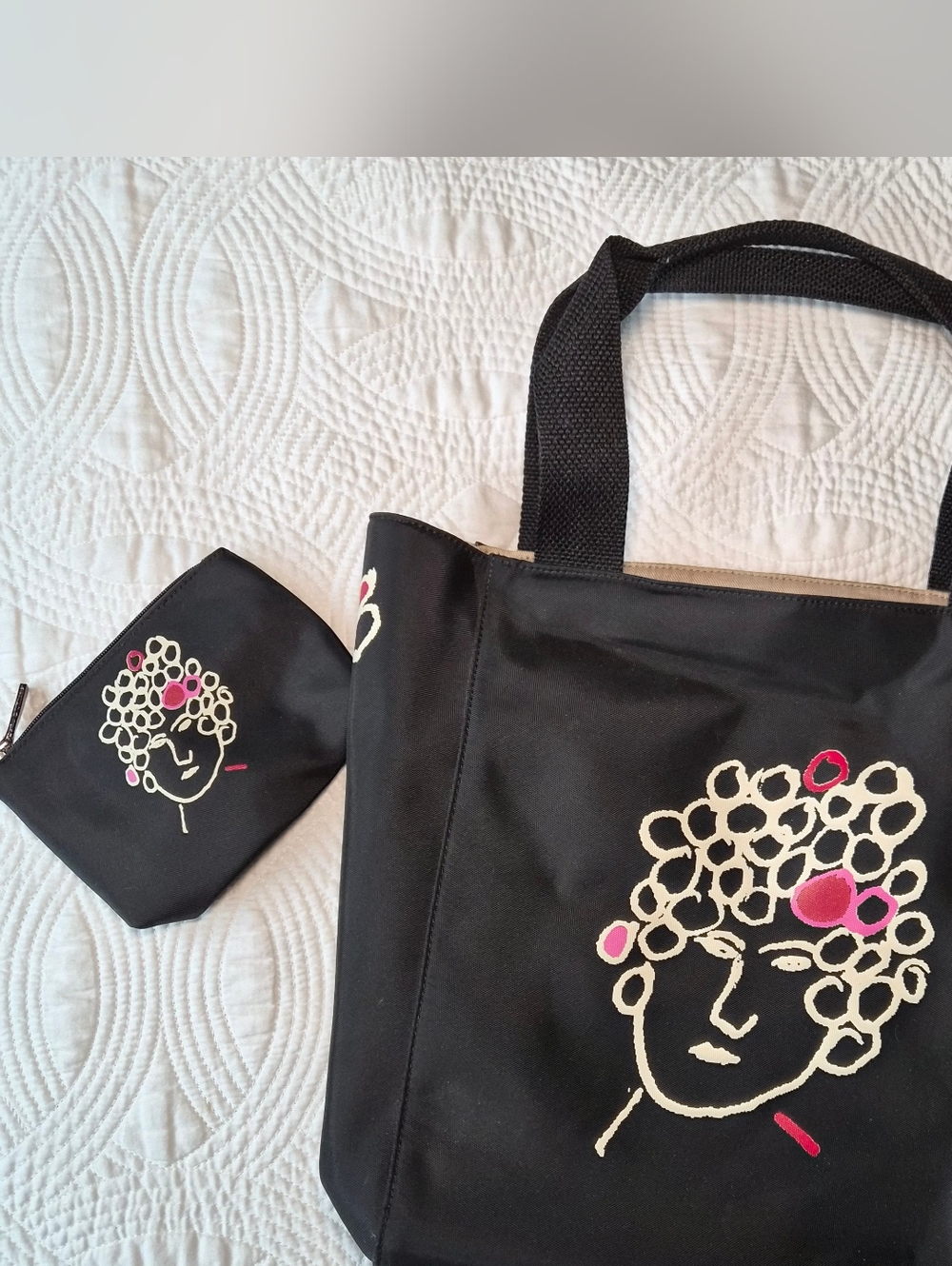 VGUC Kate Spade & Maira Kalman Black Nylon Collaborative Art Tote Set